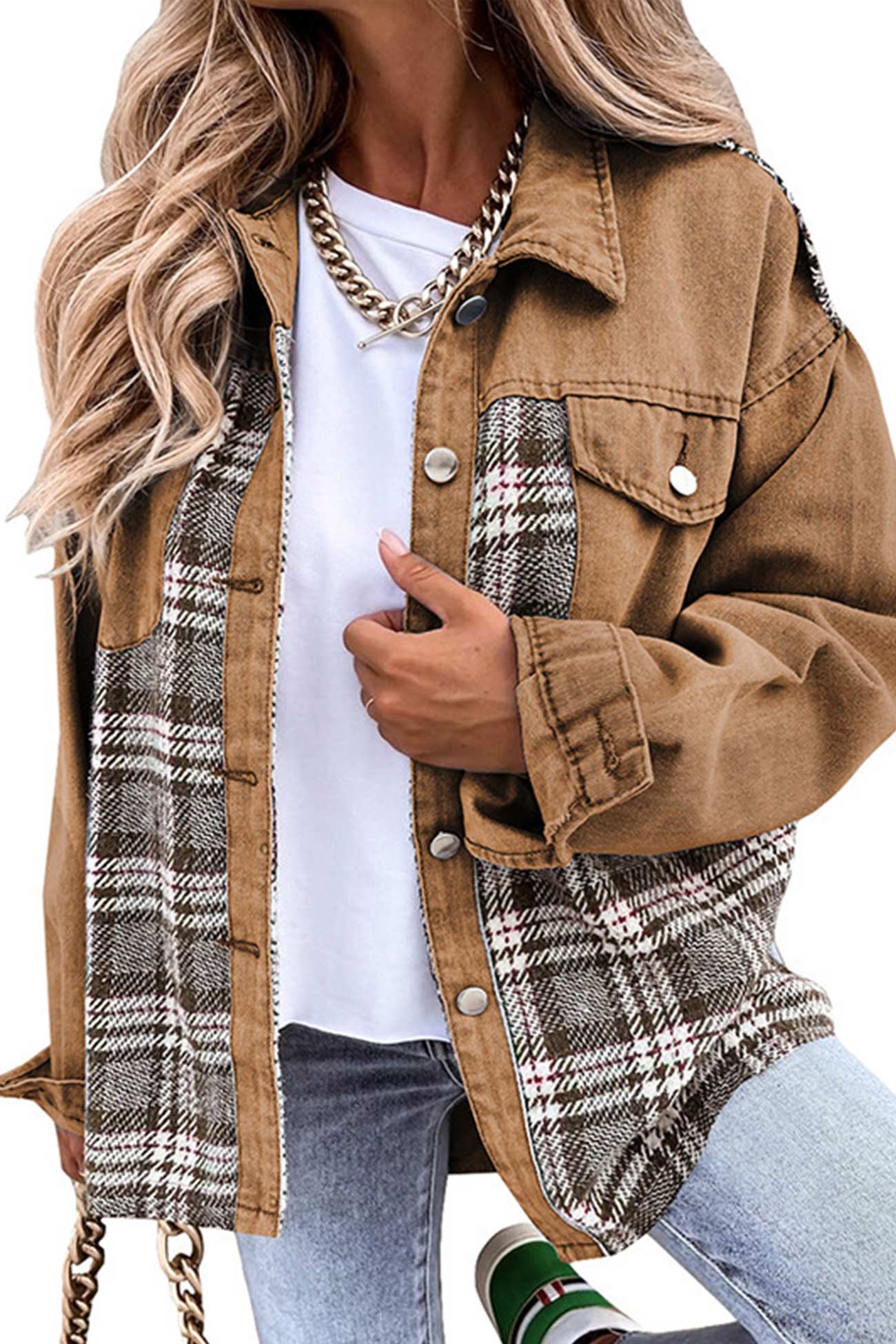 Plaid Patchwork Denim Jacket