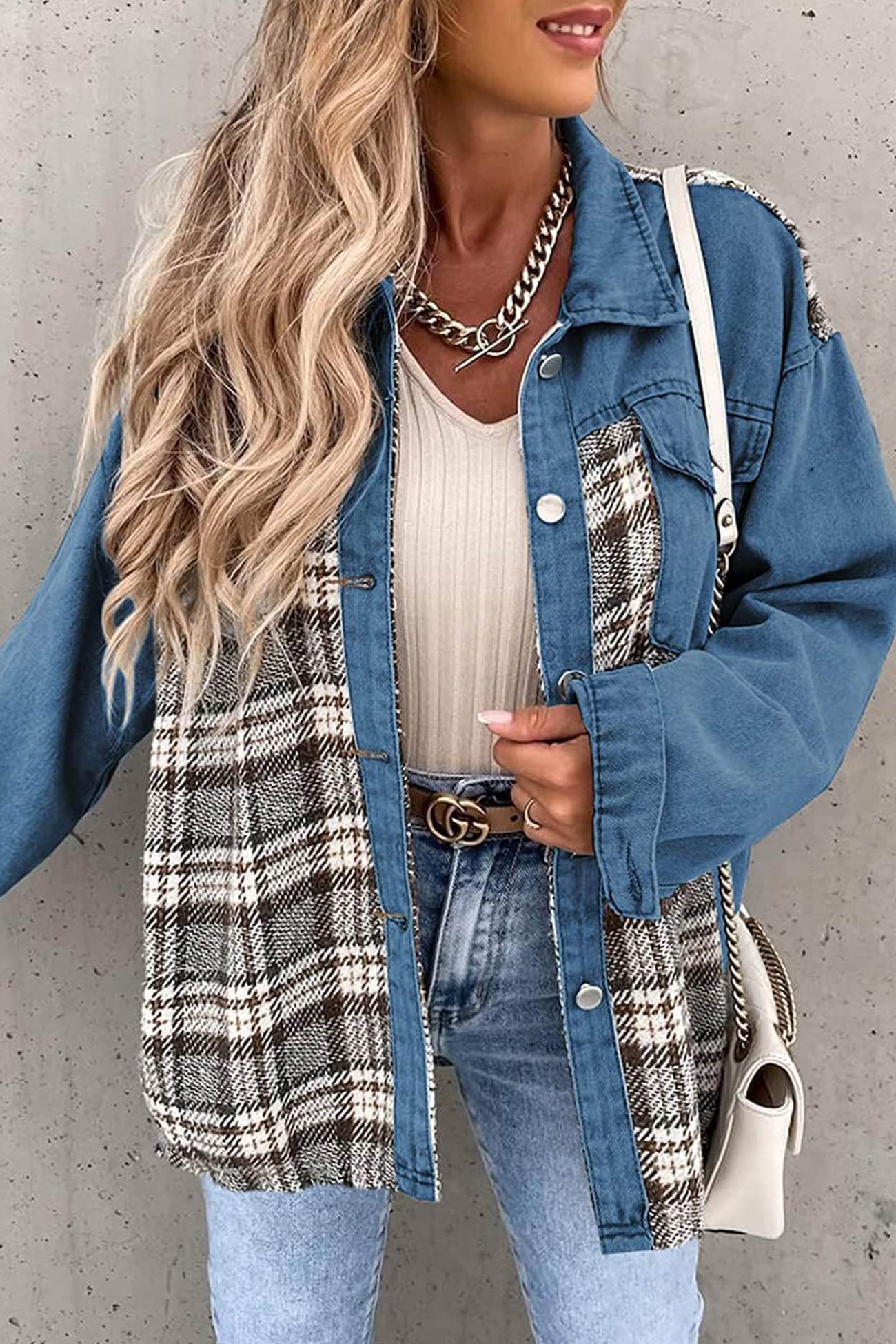 Plaid Patchwork Denim Jacket