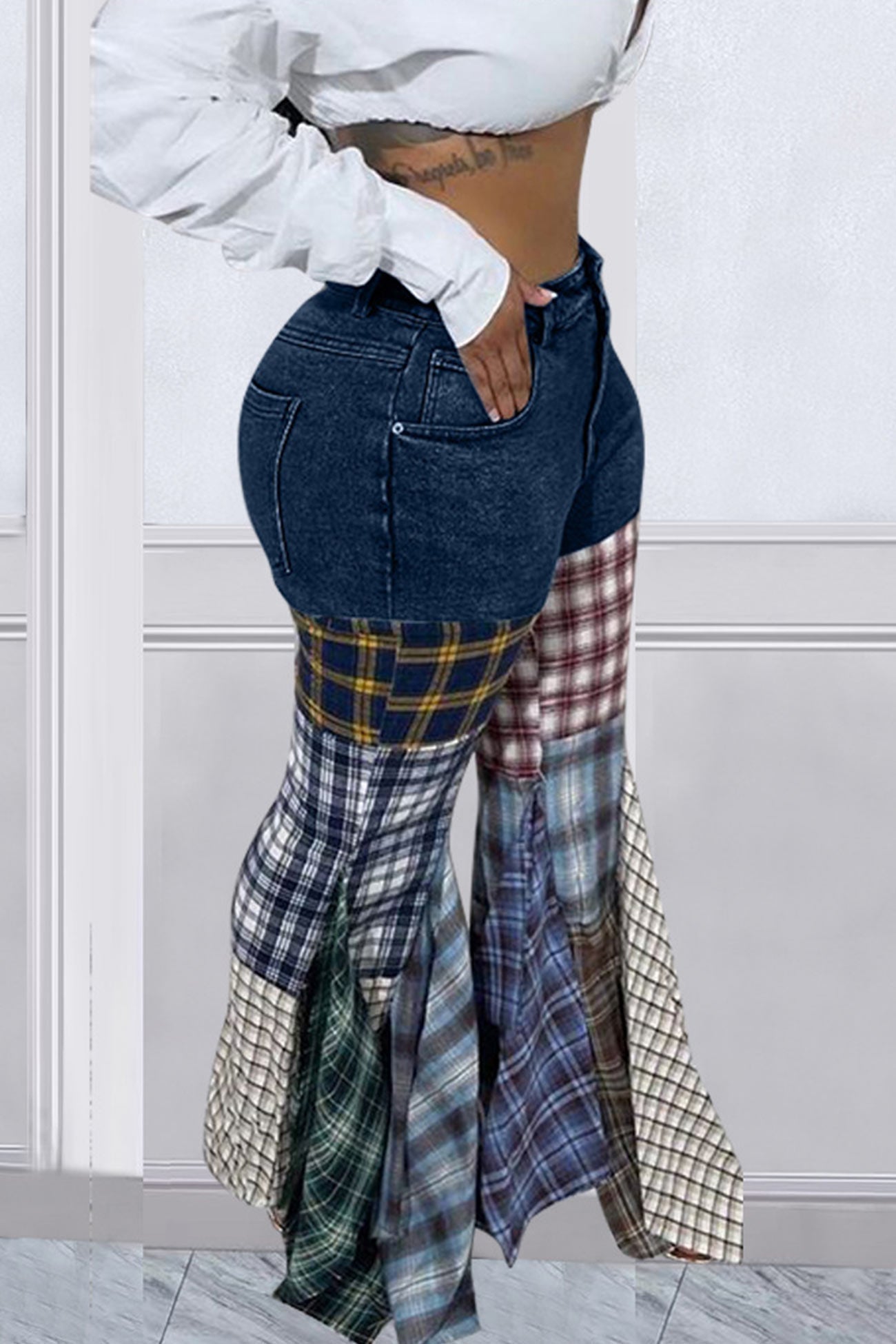 Plaid Patchwork Mid-waisted Flares Jeans