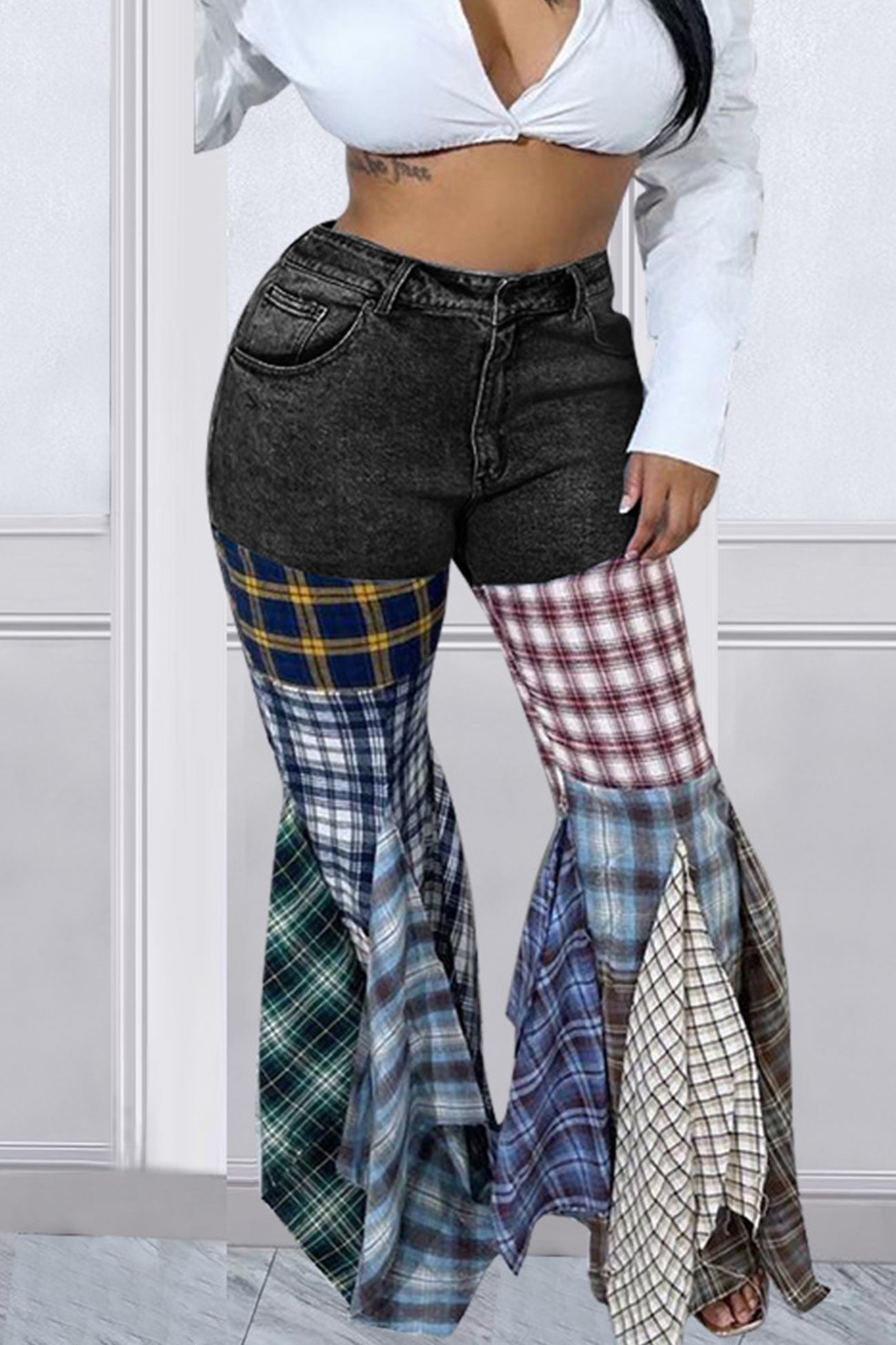 Plaid Patchwork Mid-waisted Flares Jeans