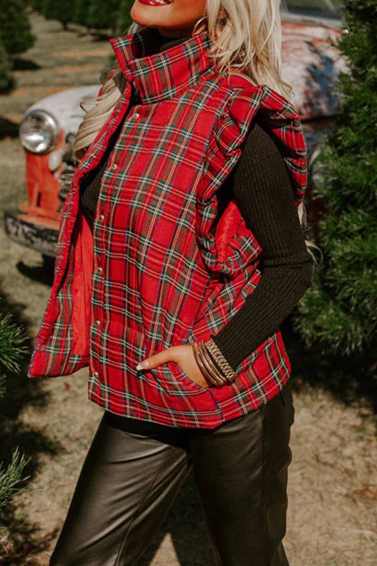 Plaid Stand Neck Ruffle Vest Jacket