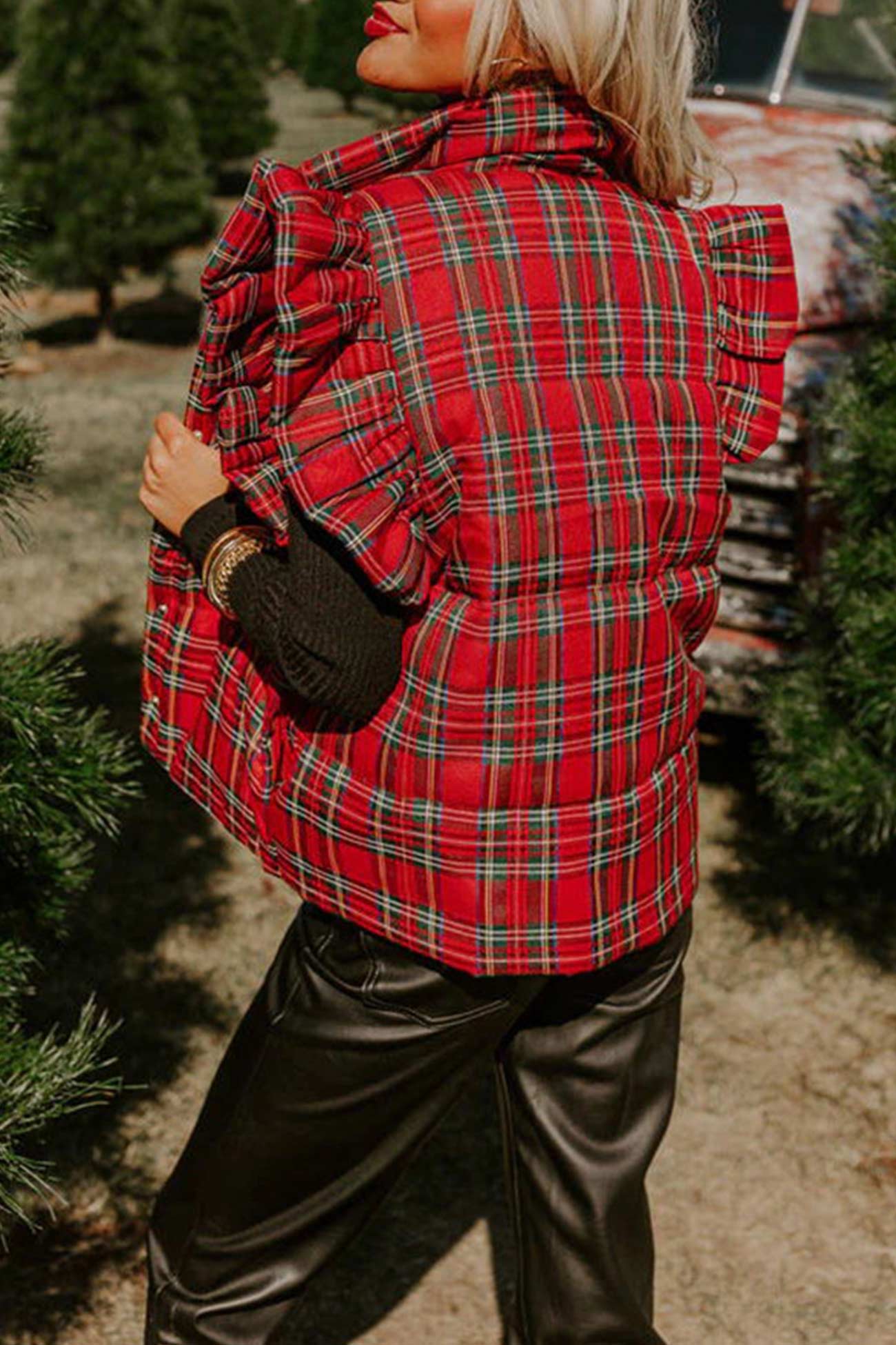 Plaid Stand Neck Ruffle Vest Jacket