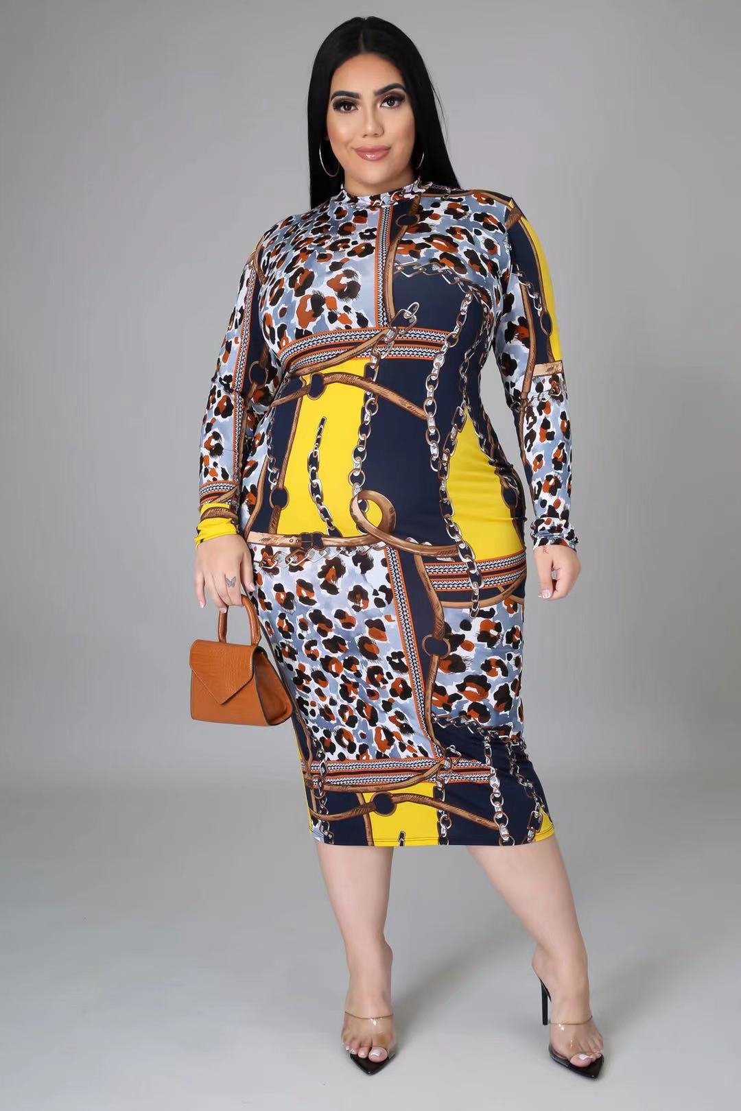 Plus Size Chic Print Long Sleeve Bodycon Dress