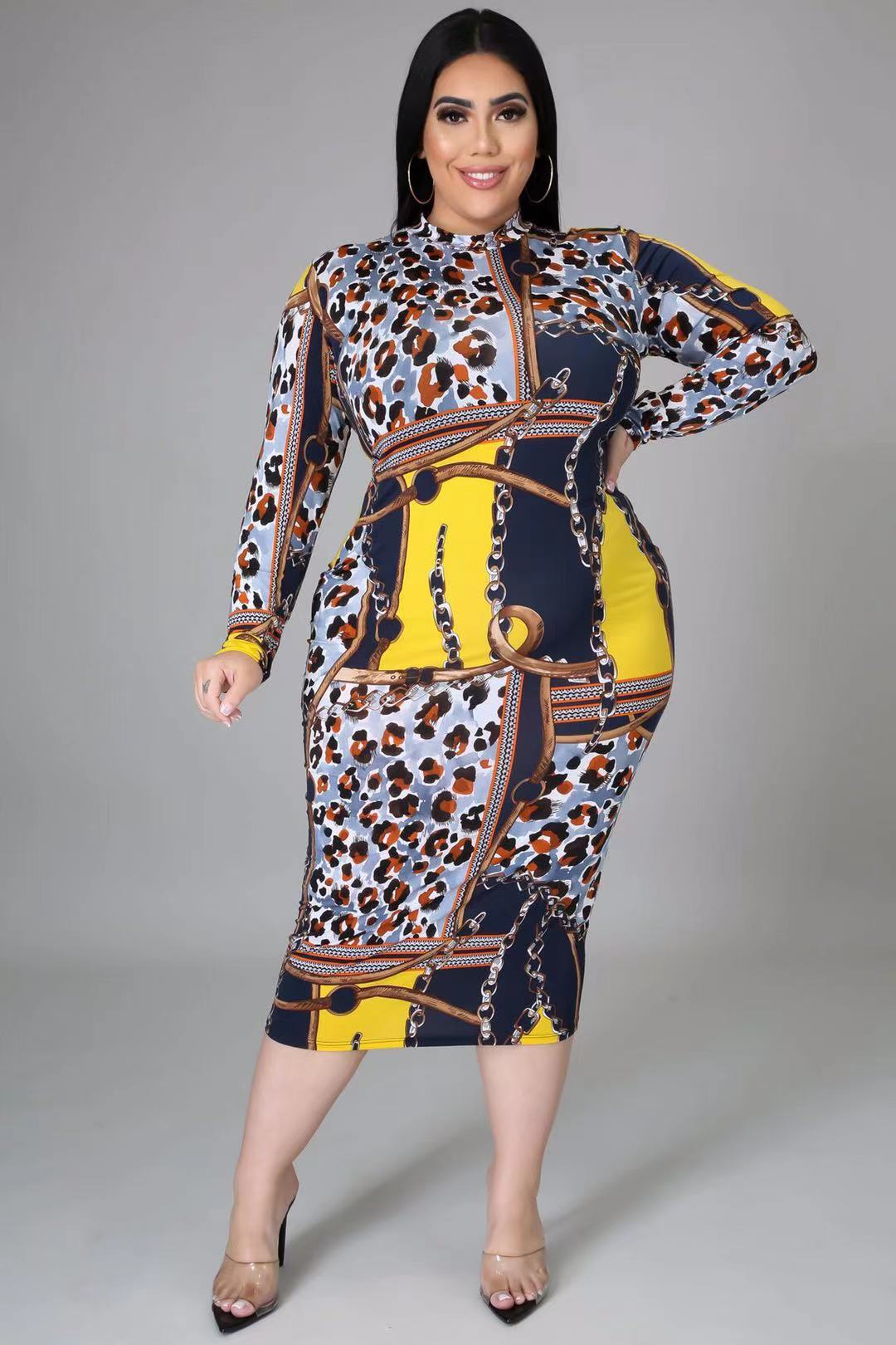 Plus Size Chic Print Long Sleeve Bodycon Dress