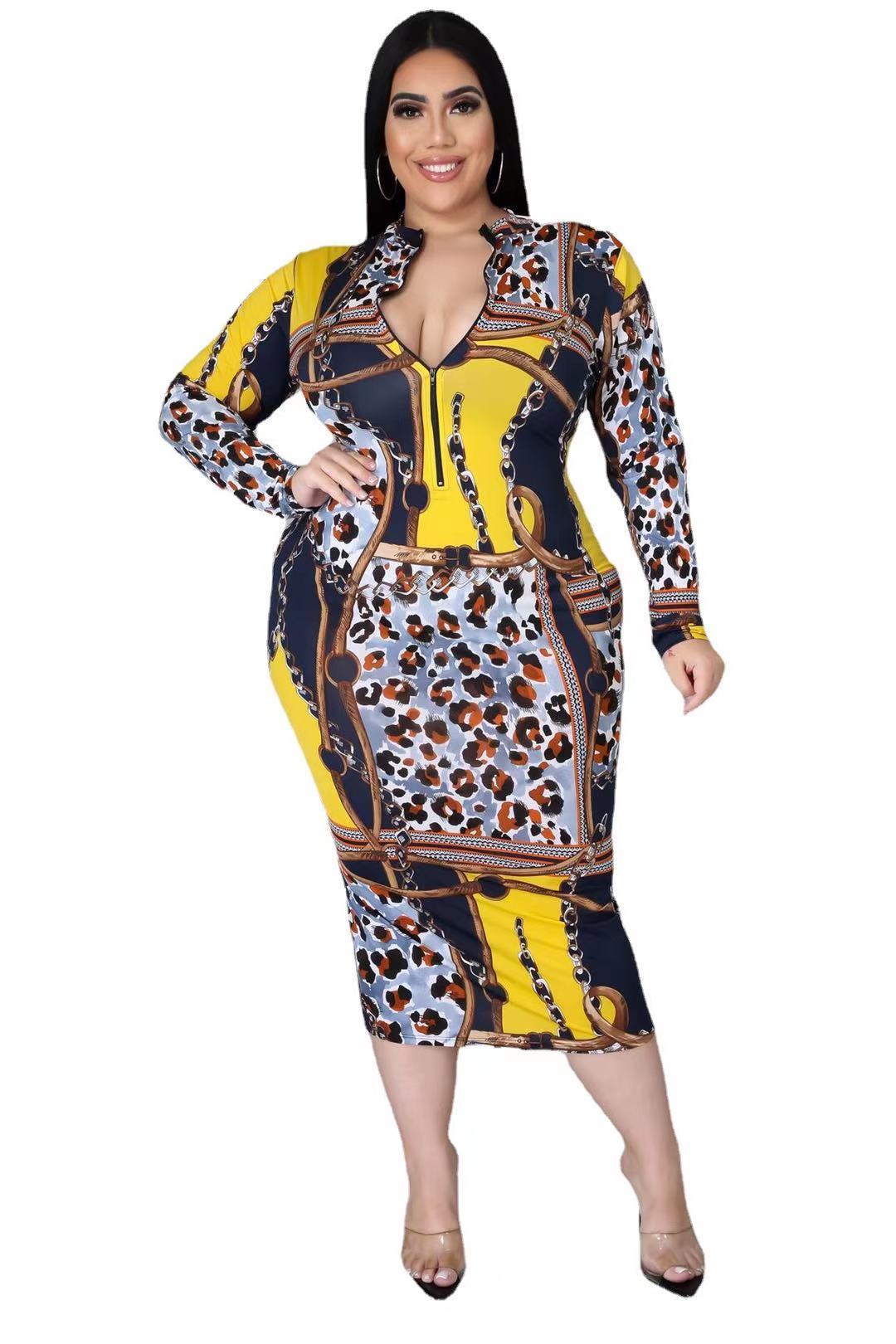 Plus Size Chic Print Long Sleeve Bodycon Dress