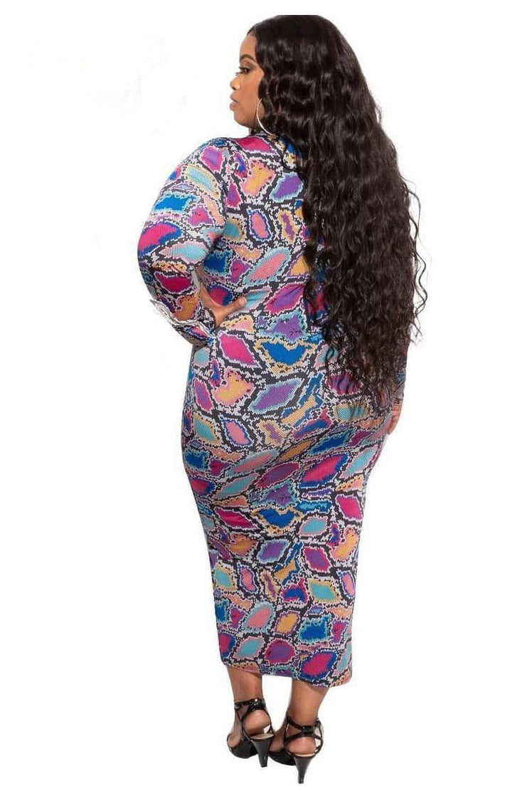 Plus Size Long Sleeve Bodycon Midi Print Dress