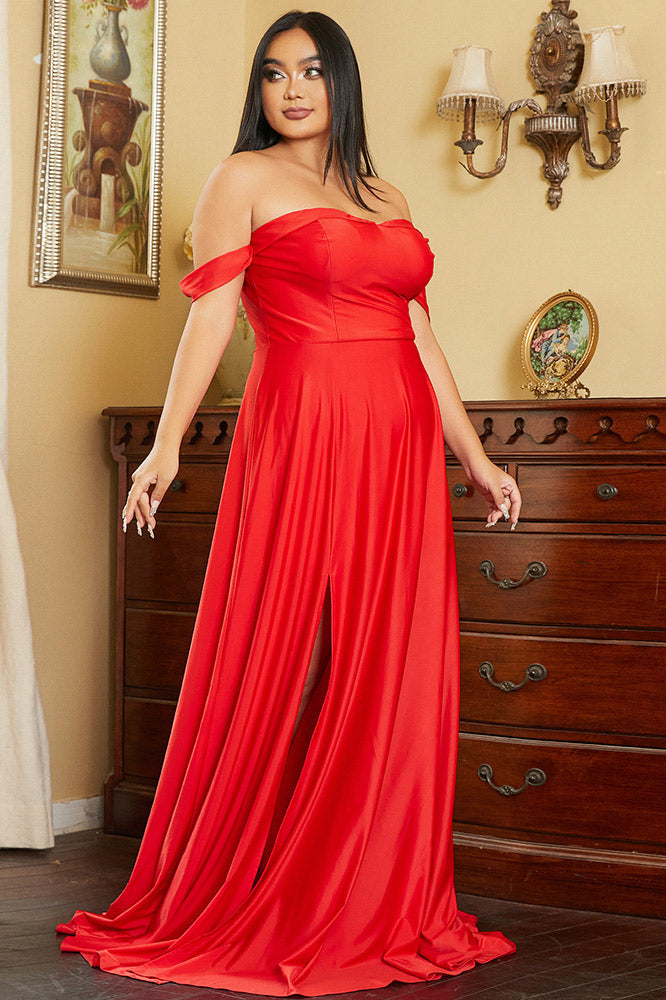 Red Plus Size Off Shoulder A-Line Prom Gown Evening Dress