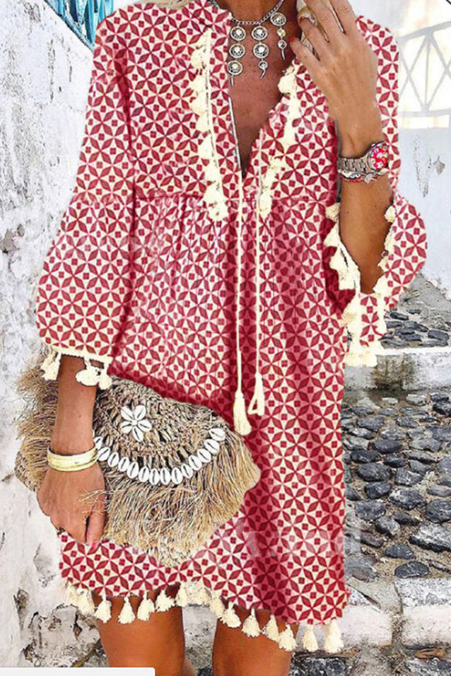 Red Print Tassel V-neck Petal Sleeve Dress