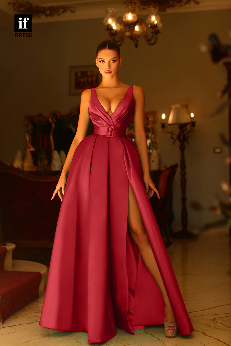 34741 - Classic Low V-Neck A-Line Belt Prom Evening Formal Gown with Slit