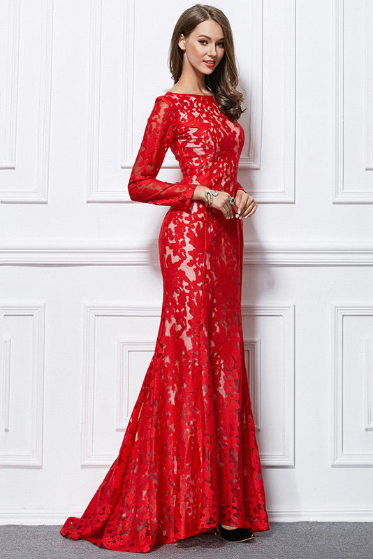 Red Lace Long Sleeve Prom Dress Evening Gown