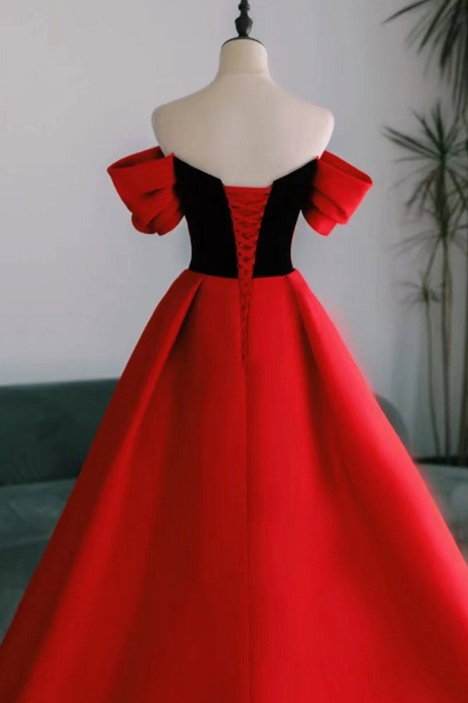 Red Off Shoulder Watteau Train Formal Evening Dress