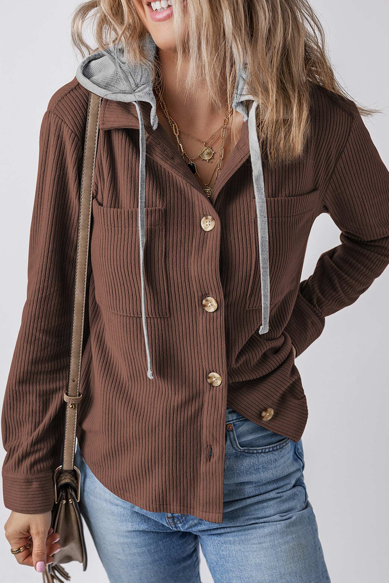 Ribbed Button-down Hooded Shacket