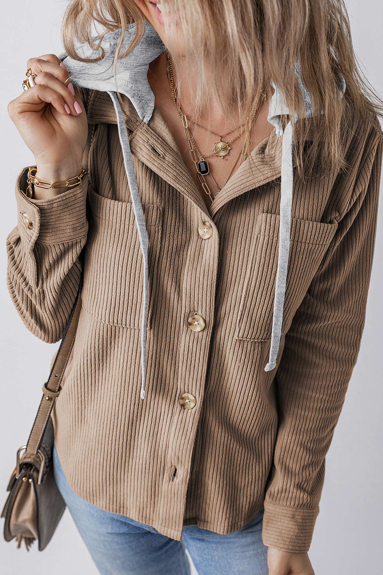 Ribbed Button-down Hooded Shacket