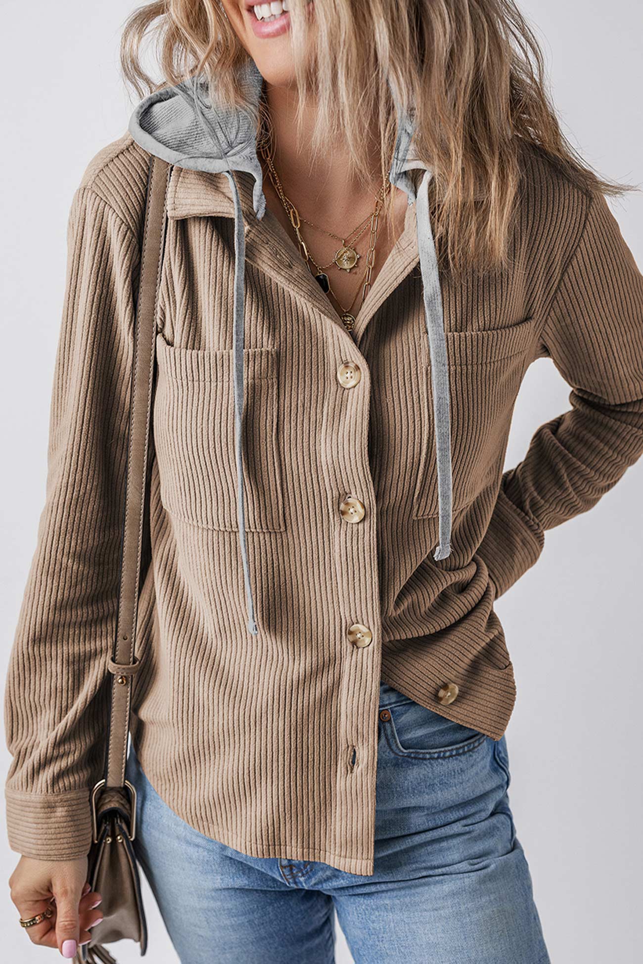 Ribbed Button-down Hooded Shacket