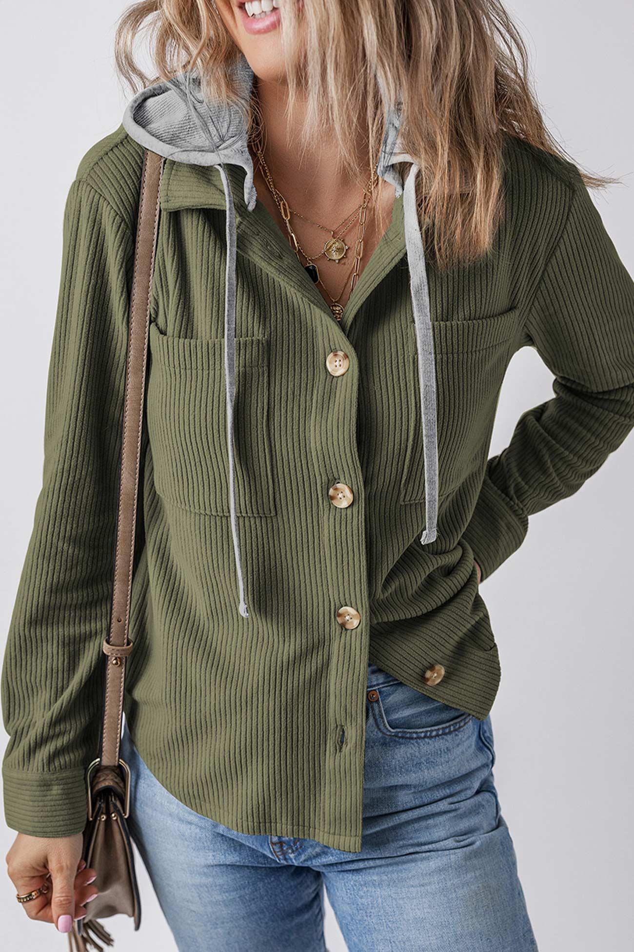 Ribbed Button-down Hooded Shacket