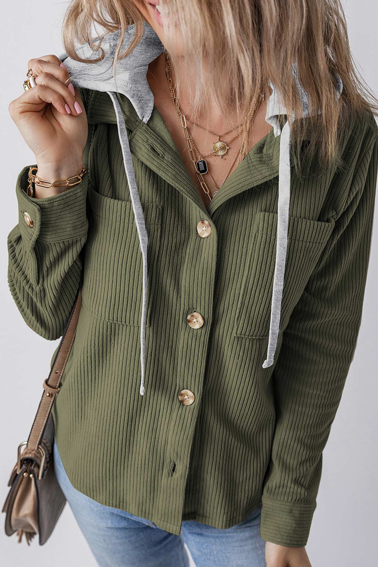 Ribbed Button-down Hooded Shacket