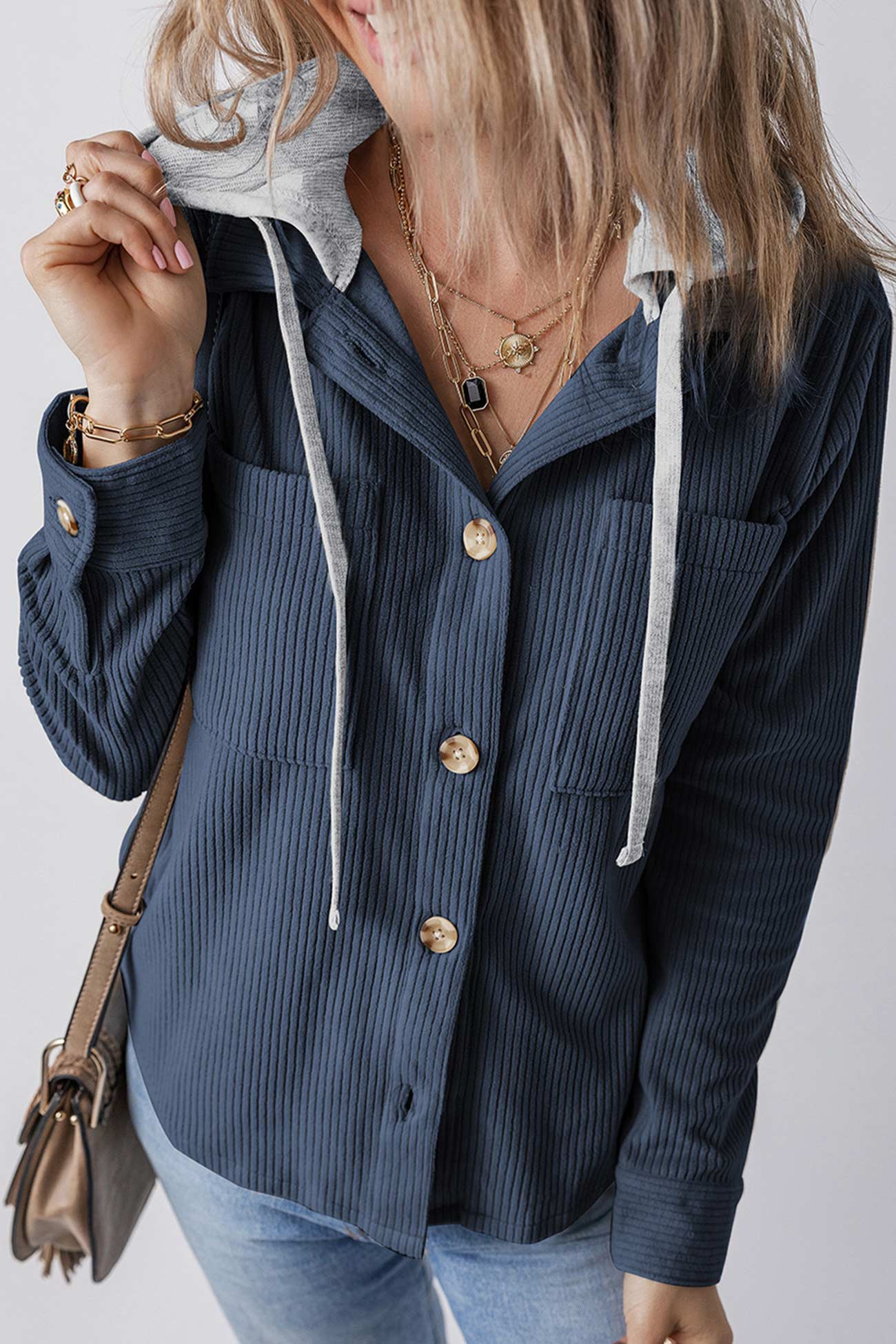 Ribbed Button-down Hooded Shacket