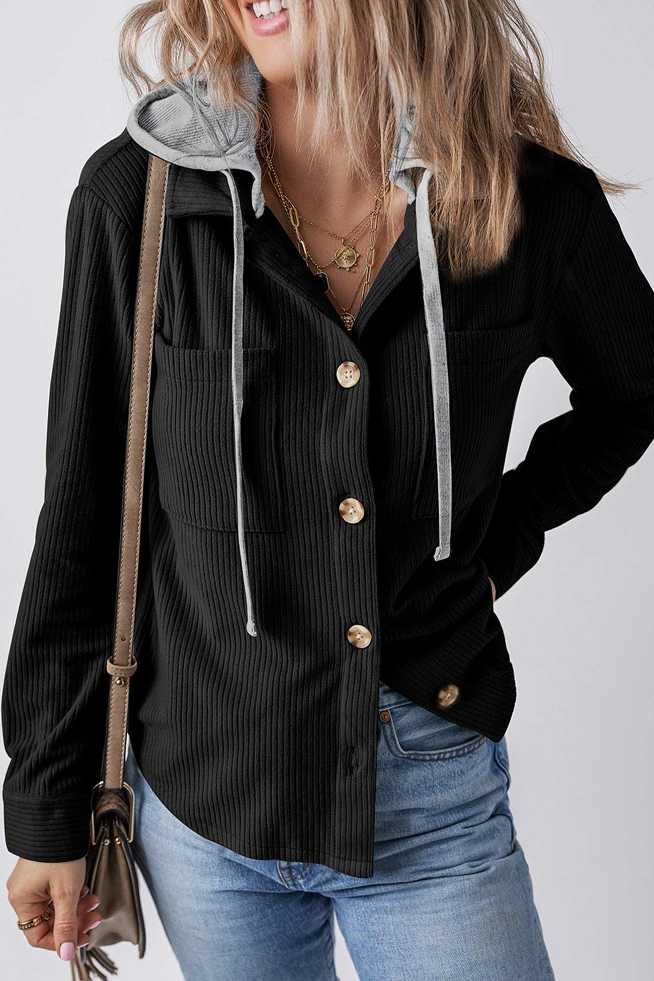 Ribbed Button-down Hooded Shacket