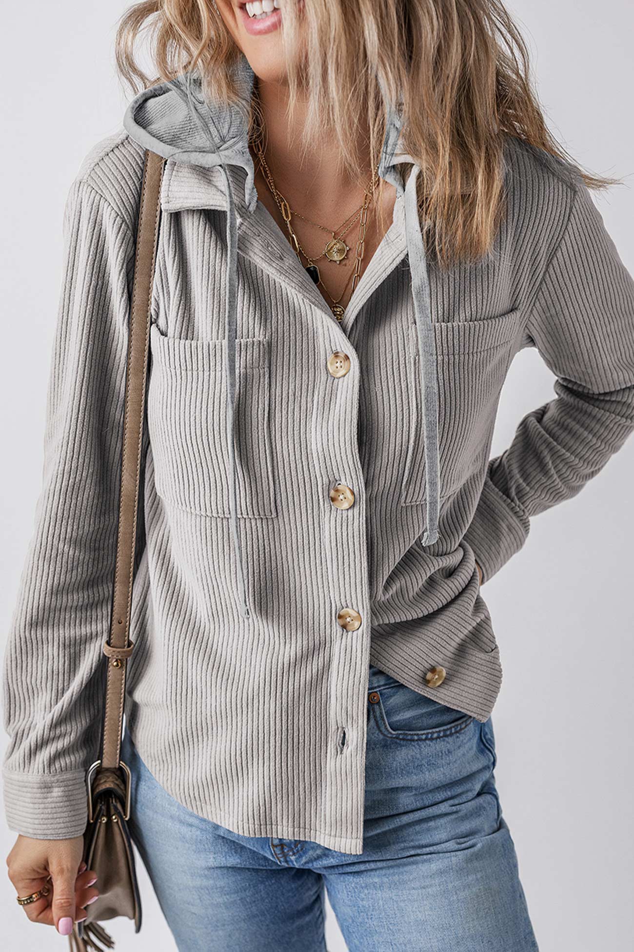 Ribbed Button-down Hooded Shacket