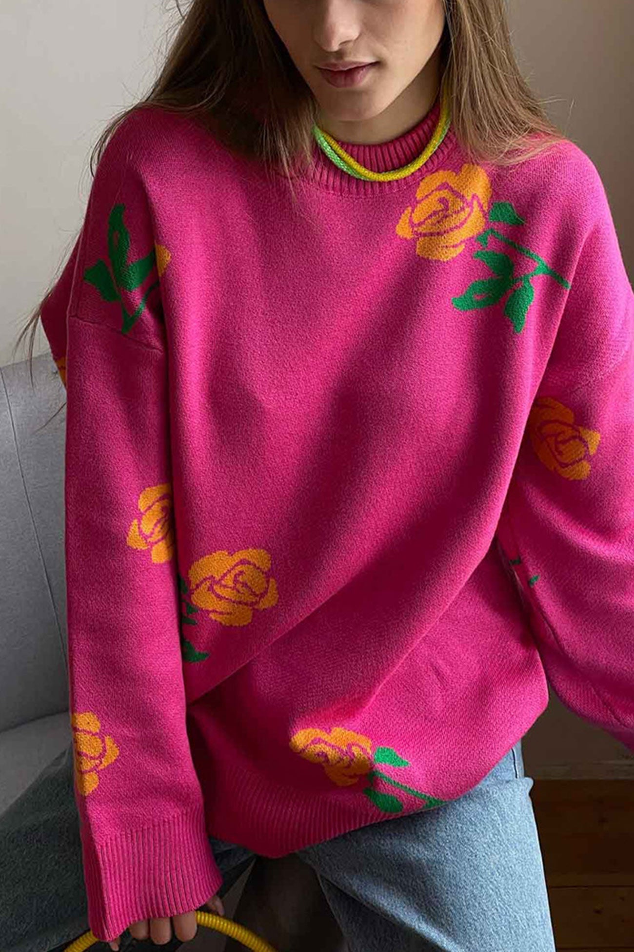 Rose Round Neck Pullover Sweater