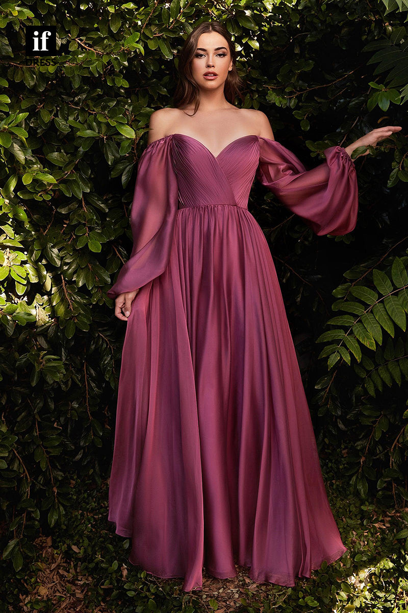 31918 - Unique Strapless V-Neck Long Sleeves Ruched Evening Formal Bridesmaid Dress