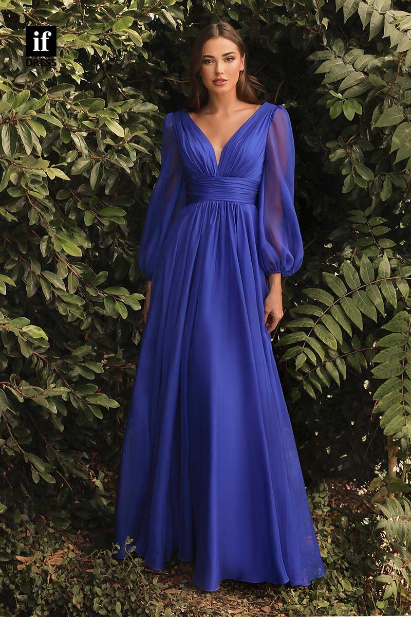 31925 - Elegant V-Neck Long Sleeves Chiffon Prom Evening Bridesmaid Dress