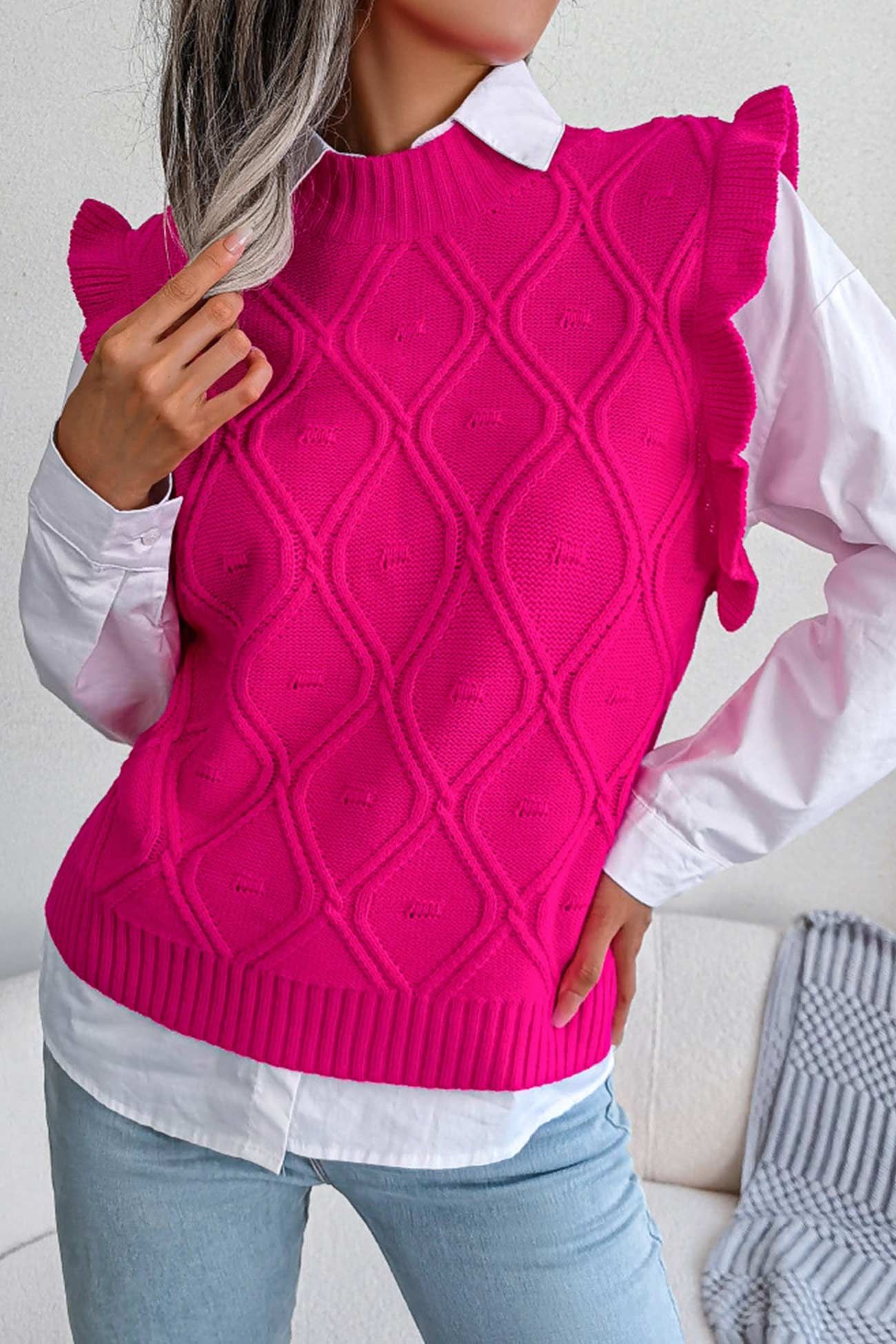 Ruffle Argyle Knit Vest Sweater