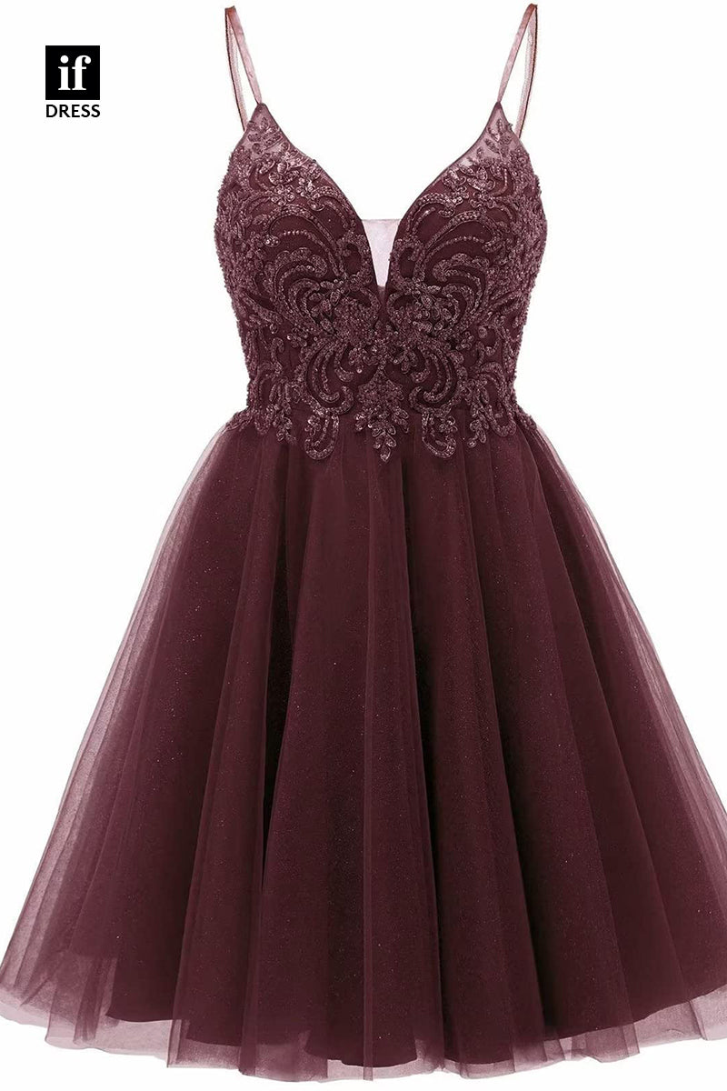 F1535 - Classic A-Line V-Neck Appliques Cocktail Homecoming Graduation Dress