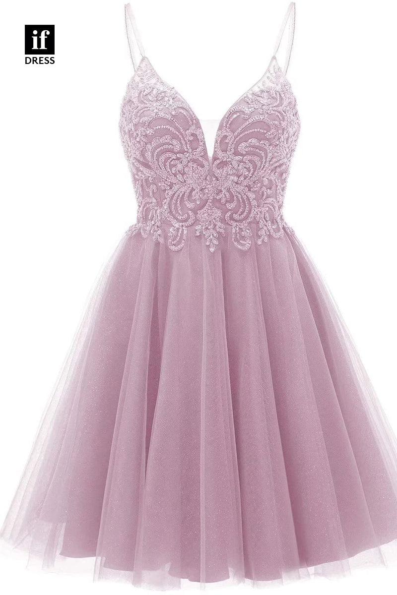 F1535 - Classic A-Line V-Neck Appliques Cocktail Homecoming Graduation Dress