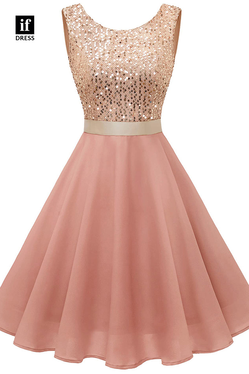 F1539 - Timeless Scoop Sequins A-Line Sleeveless  Ruched Cocktail Homecoming Dress