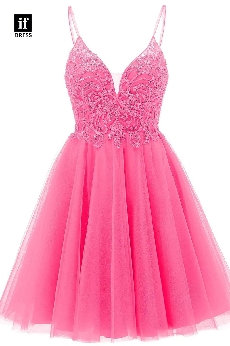 F1535 - Classic A-Line V-Neck Appliques Cocktail Homecoming Graduation Dress