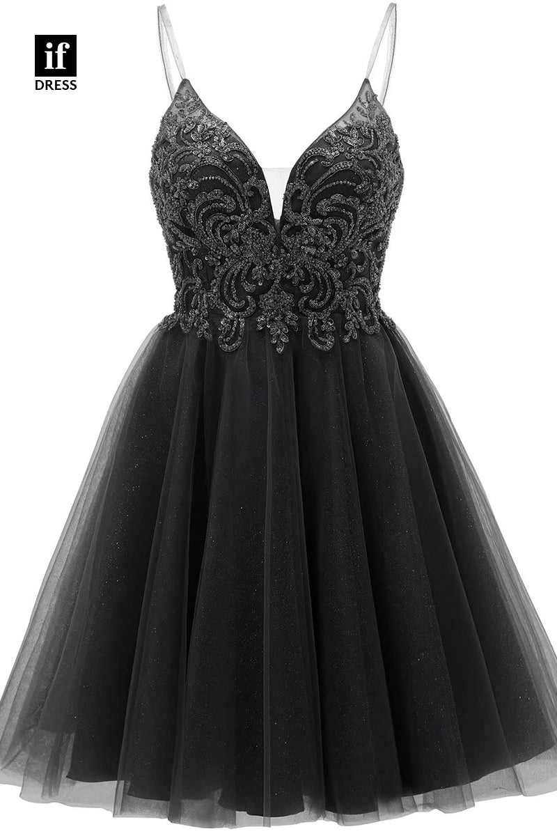 F1535 - Classic A-Line V-Neck Appliques Cocktail Homecoming Graduation Dress