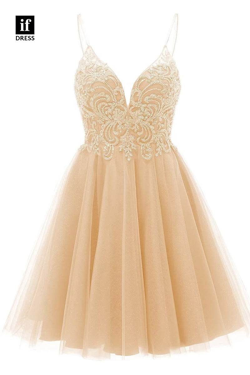 F1535 - Classic A-Line V-Neck Appliques Cocktail Homecoming Graduation Dress