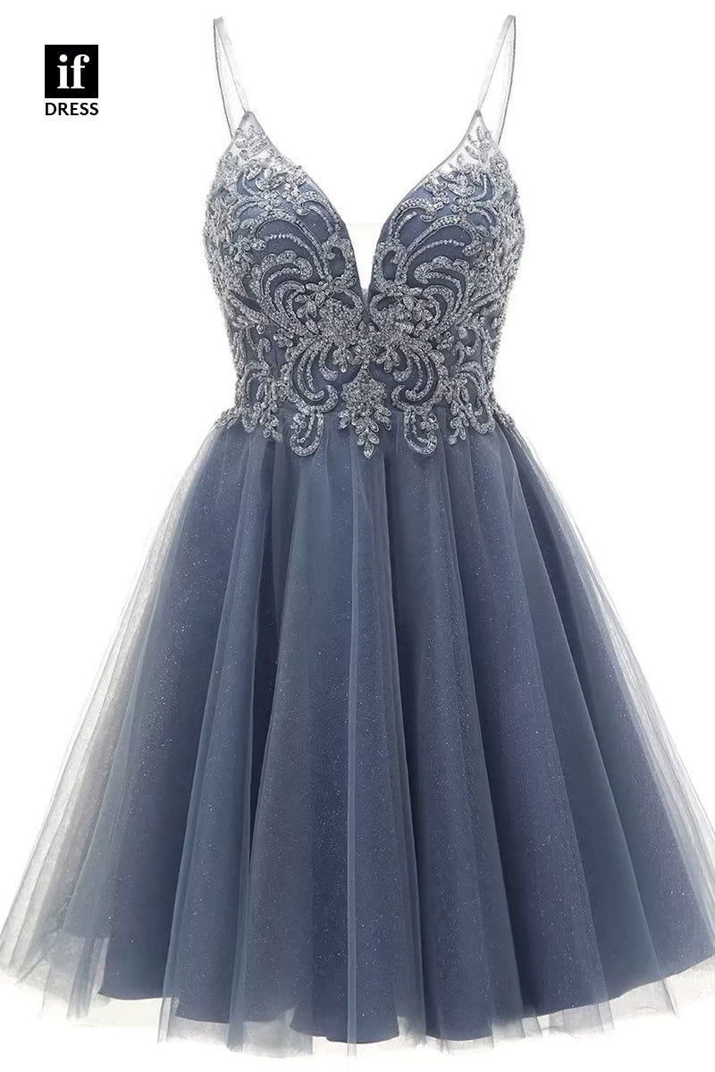 F1535 - Classic A-Line V-Neck Appliques Cocktail Homecoming Graduation Dress