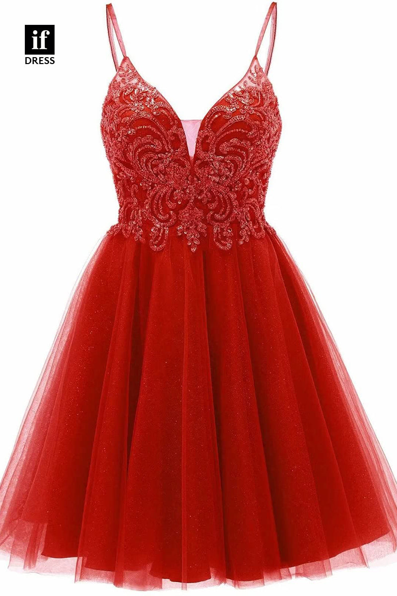 F1535 - Classic A-Line V-Neck Appliques Cocktail Homecoming Graduation Dress