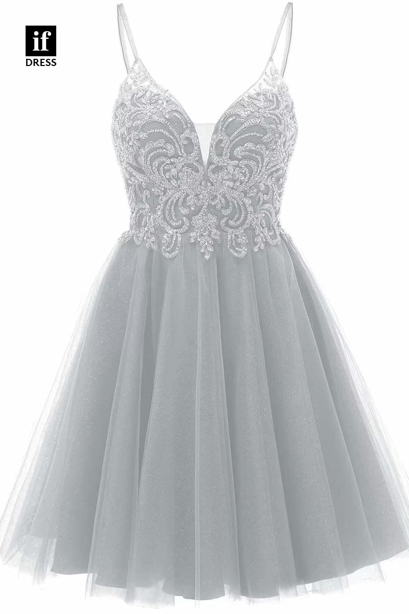 F1535 - Classic A-Line V-Neck Appliques Cocktail Homecoming Graduation Dress