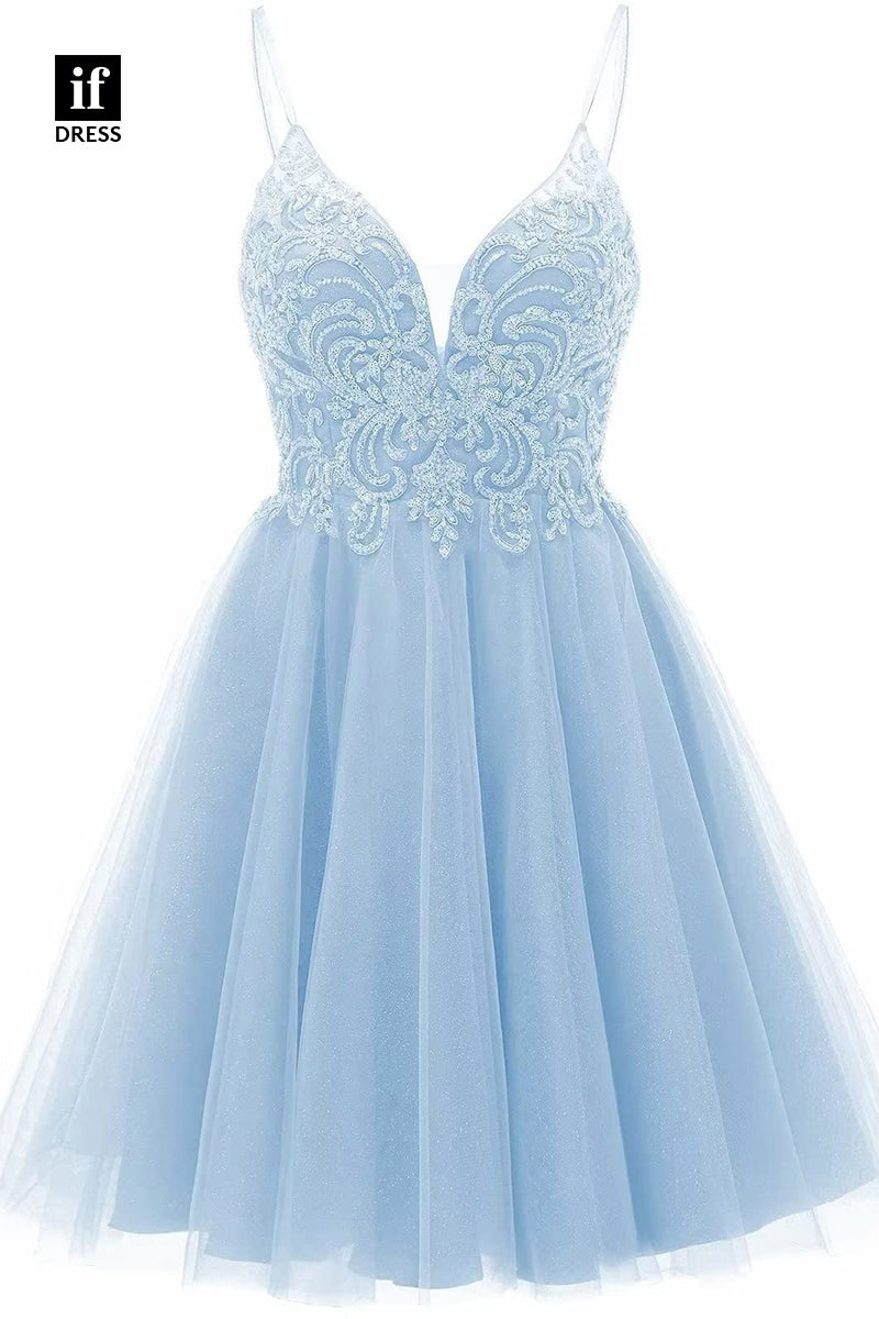 F1535 - Classic A-Line V-Neck Appliques Cocktail Homecoming Graduation Dress