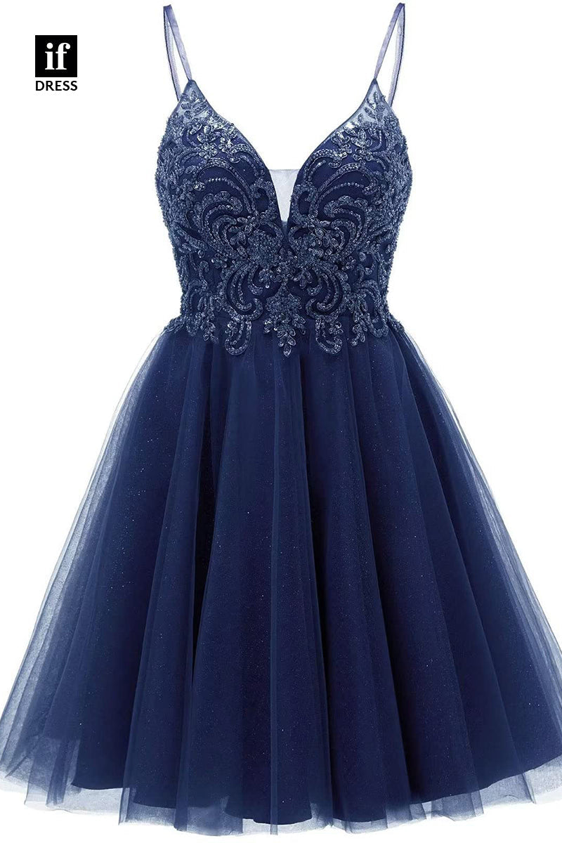 F1535 - Classic A-Line V-Neck Appliques Cocktail Homecoming Graduation Dress