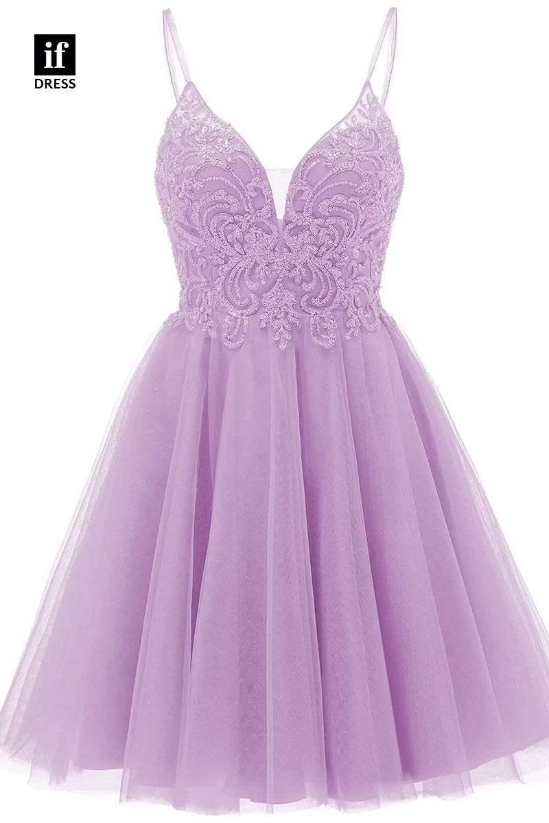 F1535 - Classic A-Line V-Neck Appliques Cocktail Homecoming Graduation Dress