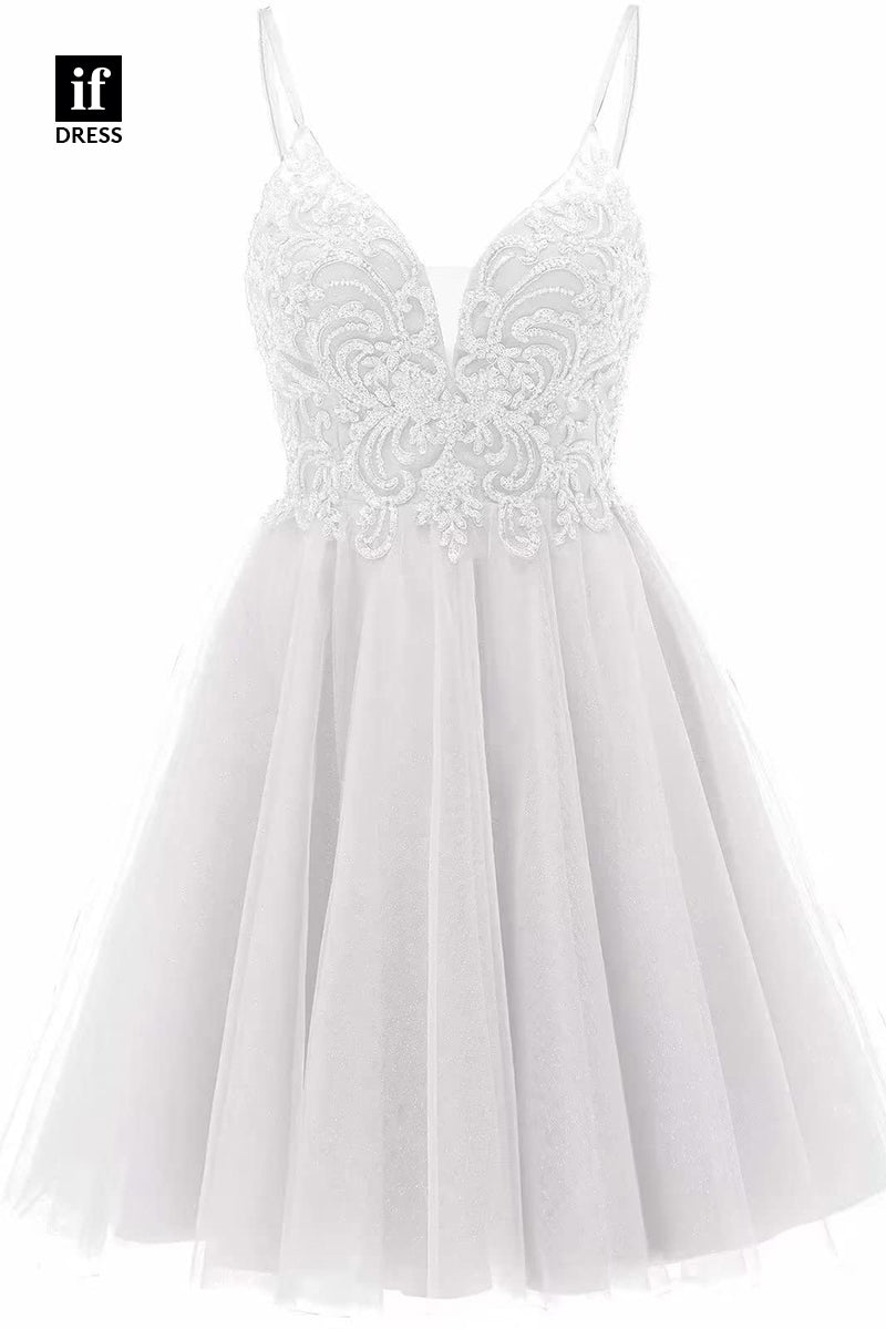 F1535 - Classic A-Line V-Neck Appliques Cocktail Homecoming Graduation Dress