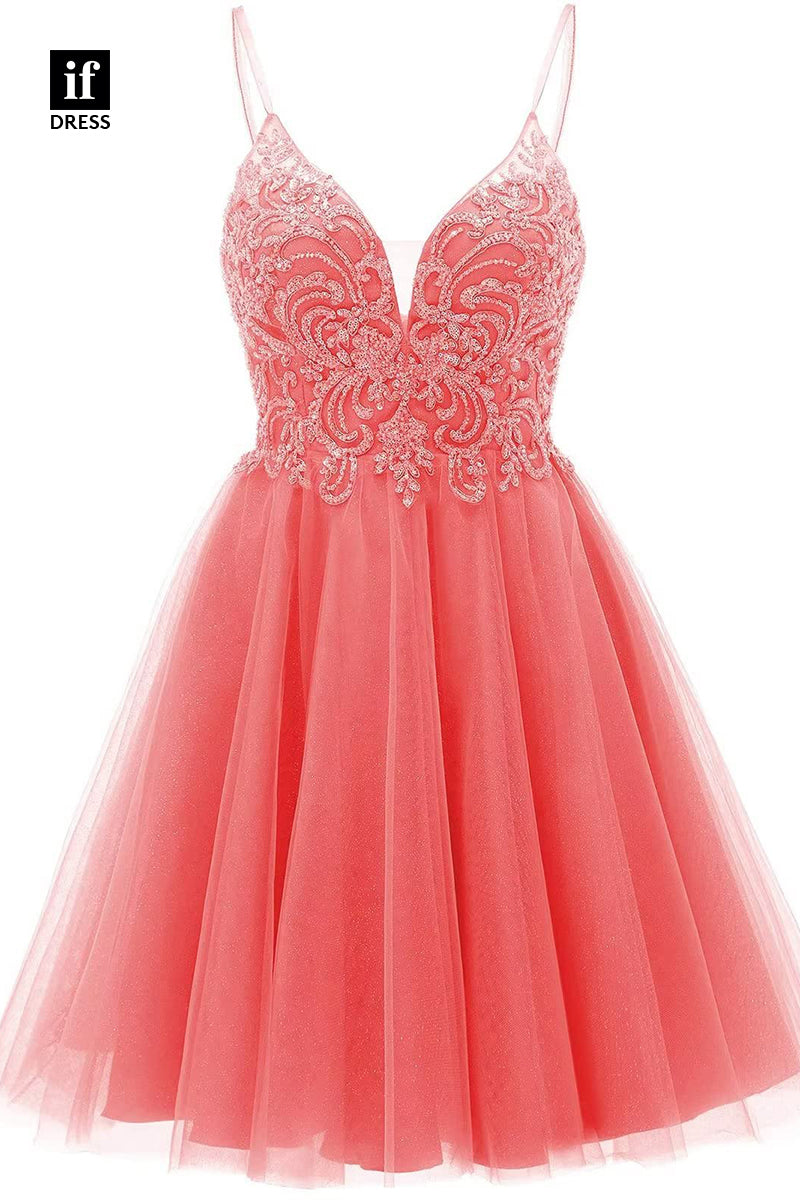 F1535 - Classic A-Line V-Neck Appliques Cocktail Homecoming Graduation Dress