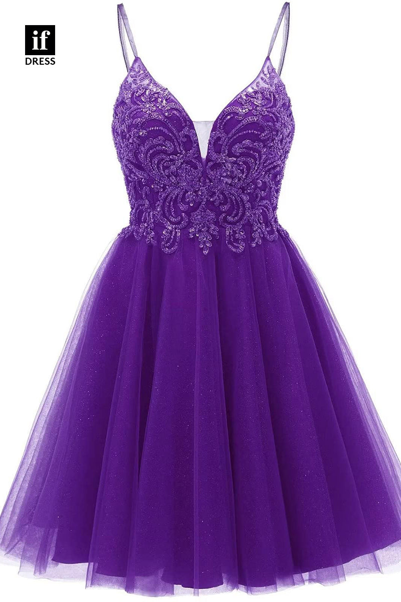 F1535 - Classic A-Line V-Neck Appliques Cocktail Homecoming Graduation Dress