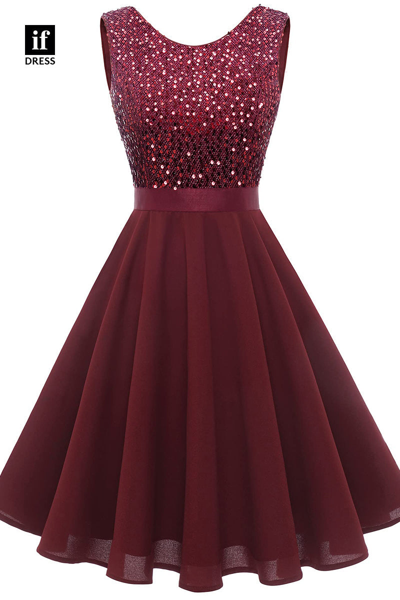 F1539 - Timeless Scoop Sequins A-Line Sleeveless  Ruched Cocktail Homecoming Dress