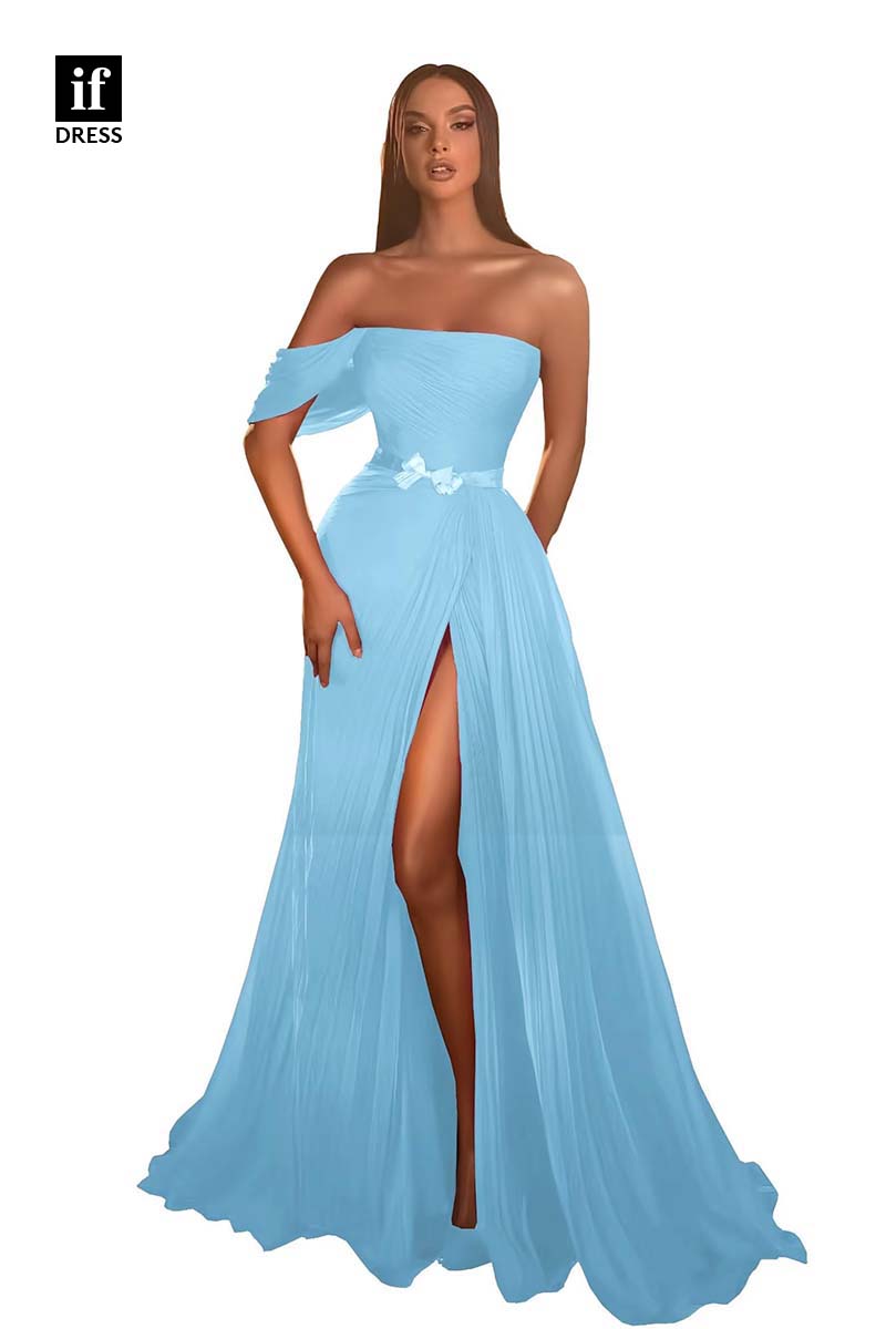 34918 - Stunning A-Line High Slit Belt Chiffon Prom Evening Formal Dress