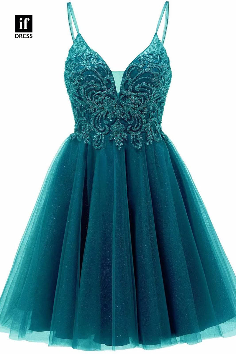 F1535 - Classic A-Line V-Neck Appliques Cocktail Homecoming Graduation Dress