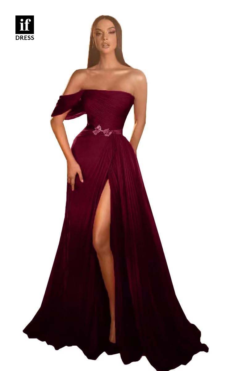 34918 - Stunning A-Line High Slit Belt Chiffon Prom Evening Formal Dress