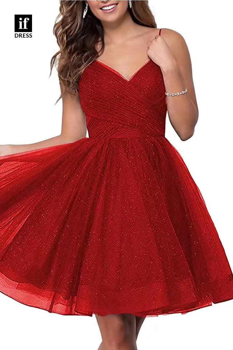 F1536 - Sweet Spaghetti Straps V-Neck A-Line Coaktail Homecoming Party Dress