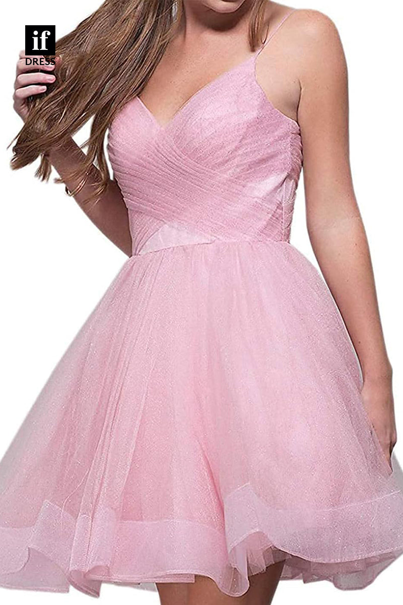 F1536 - Sweet Spaghetti Straps V-Neck A-Line Coaktail Homecoming Party Dress