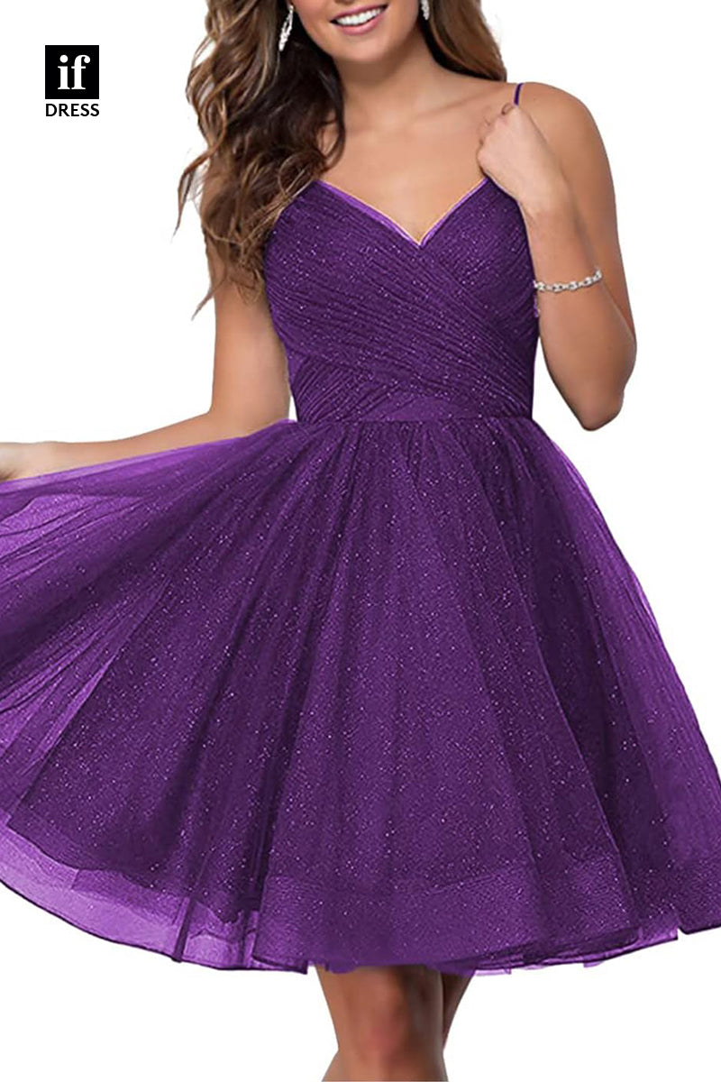 F1536 - Sweet Spaghetti Straps V-Neck A-Line Coaktail Homecoming Party Dress