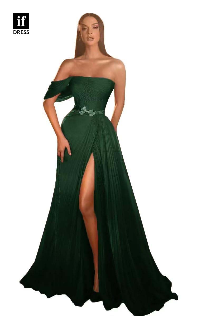 34918 - Stunning A-Line High Slit Belt Chiffon Prom Evening Formal Dress